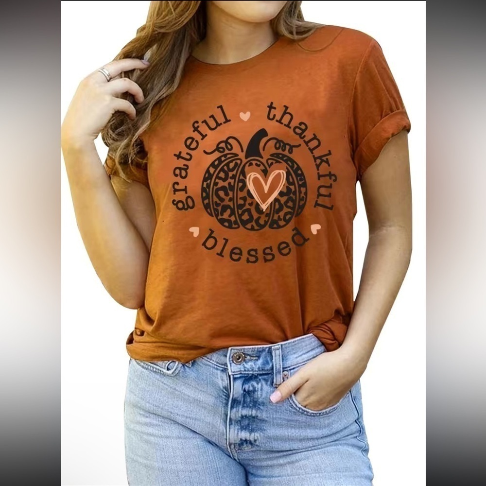 Greatful thankful blessed graphic fall tee shirt